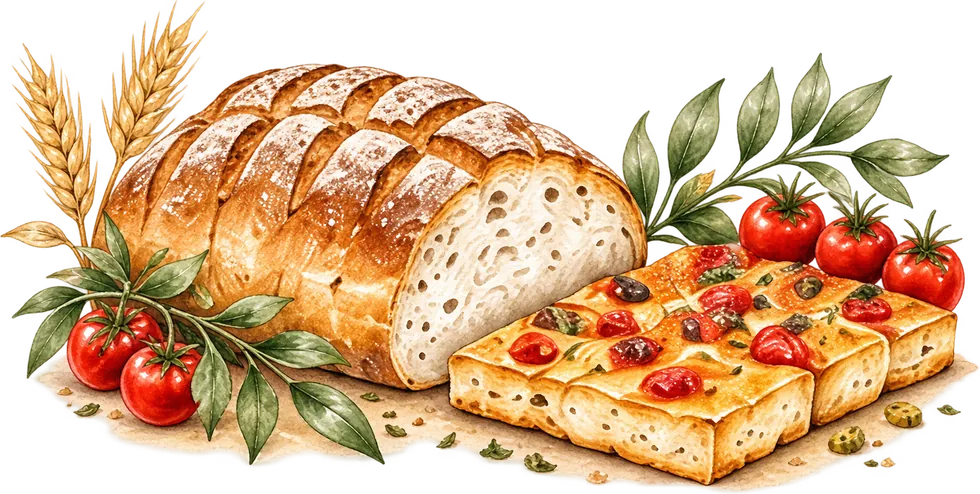 Pane, focaccia con i pomodorini e spighe di grano, ad acquerello